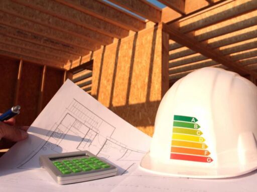 Casque de chantier avec étiquette d'efficacité énergétique et plans de construction sur un chantier immobilier.