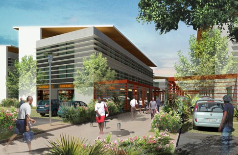 Scène urbaine en Guadeloupe montrant des bâtiments modernes, illustrant l'impact des initiatives éco-responsables et du DPEG sur le développement immobilier durable.